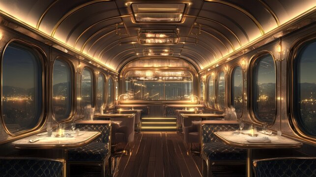 Luxury Train Dining Car with Nighttime City View