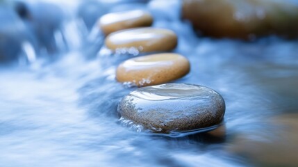 Pebble Stream Serenity, a tranquil scene showcasing smooth pebbles gracefully placed in a flowing stream, embodying calmness and natural beauty.
