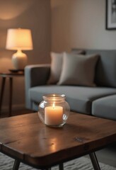 Close up of round glass jar with burning candle on rustic wooden coffee table. Lamp on side table near grey sofa. Minimalist loft home interior design of modern living room