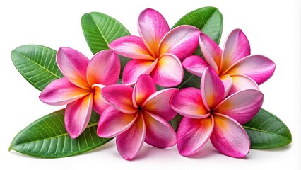 Fototapeta premium Beautiful pink frangipani flowers and leaves isolated on white background