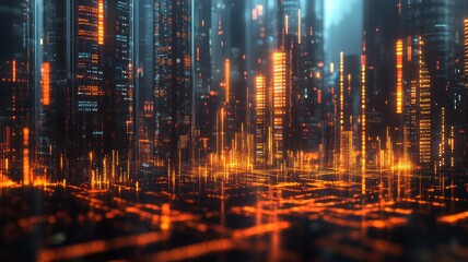 Financial graphs and data in a digital urban environment, representing city finance, modern technology, and data visualization.
