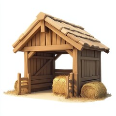 3D Render of a wooden stable with open stalls and a hay bale, on isolated white background