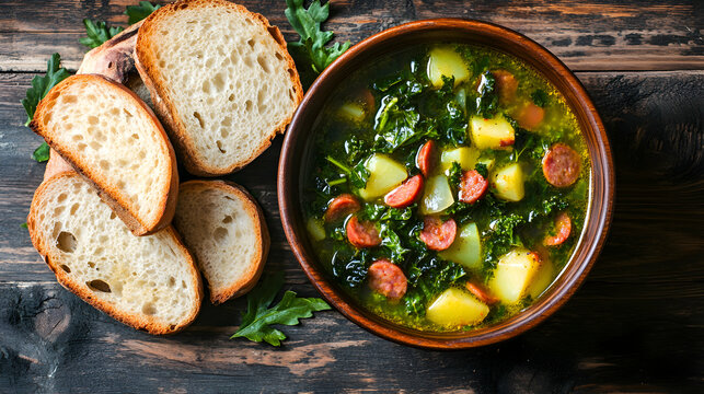 Close-up of a hearty bowl of caldo verde Portuguese green soup made with kale, chorizo, and potatoes, served with slices of rustic bread on a dark wooden table