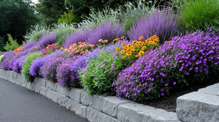 Obraz premium Symmetry in Layering of Flower Terraces, Discuss how the symmetrical arrangement of flower terraces, with evenly spaced layers, contributes to a structured and organized design in vertical gardens