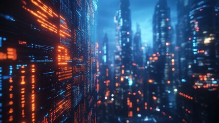 Obraz premium A futuristic city with digital financial data, combining urban finance with data visualization and modern technology.