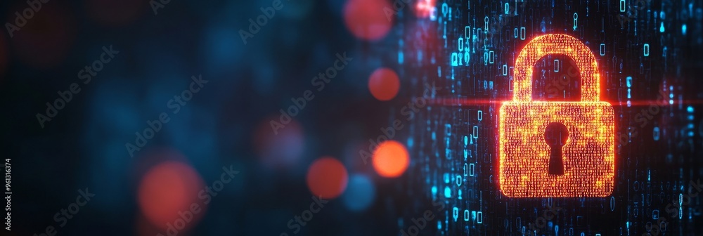 Poster data security, software development code on computer screen with padlock symbol, 3d illustration