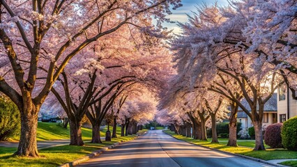 Beautiful Yoshino cherry blossom trees blooming in residential neighborhood