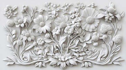 AI generated illustration an intricate white bas relief sculpture of flowers on a wall