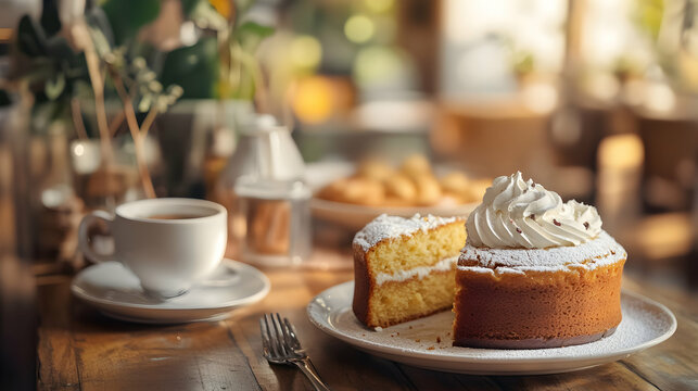 A beautifully arranged table with Portuguese bolo de bolacha coffee and biscuit cake, sliced and served with whipped cream and coffee, set in a cozy cafe with soft lighting