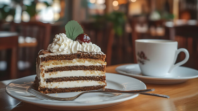 A beautifully arranged table with Portuguese bolo de bolacha coffee and biscuit cake, sliced and served with whipped cream and coffee, set in a cozy cafe with soft lighting