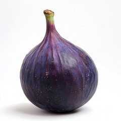 A single ripe purple fig with a green stem on a white background.