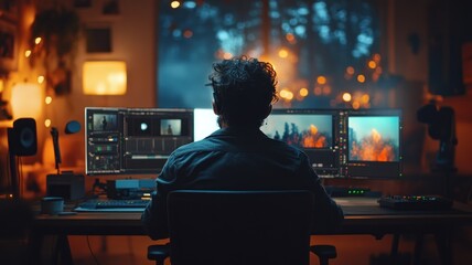 Fototapeta premium Filmmaker using AI tools for video editing in a well-lit professional editing suite.