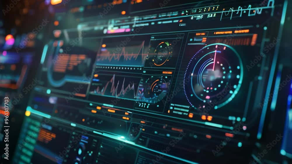 Poster a close-up shot of a futuristic holographic interface displaying complex data, featuring graphs, cha