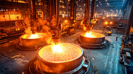 Molten iron is poured into large containers as skilled workers navigate the intense heat and shimmering metal at the foundry