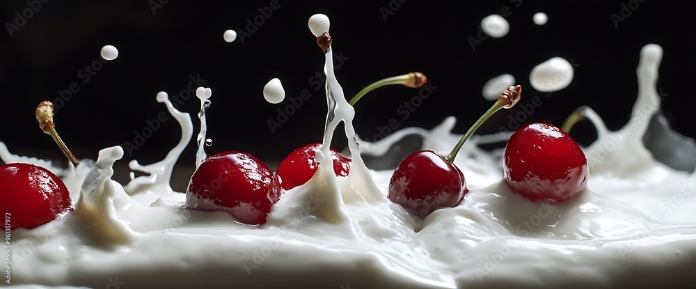 Wall mural fresh cherries splashing in creamy milk.