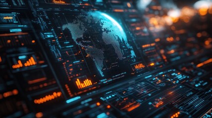 Fototapeta premium A digital financial globe in a technological setting, representing global finance, technology, and data visualization.