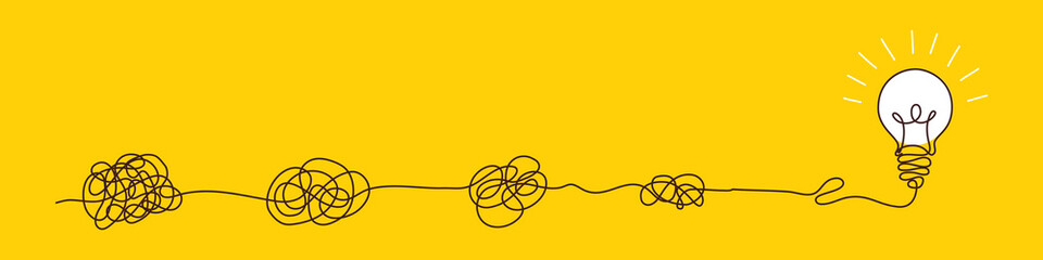 Light bulbs with confused concept of chaos. Complex way from start to idea. Tangle clarity or path in hand drawn style. Vector illustration
