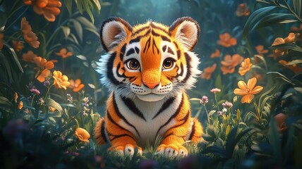 Cartoon art style, a playful tiger character with exaggerated features, bright colors, and a whimsical setting.