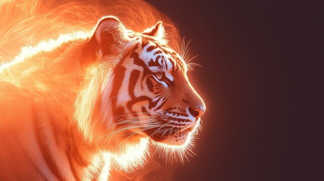 Soft gradient background, a tiger in a striking pose with an ethereal ambiance in warm tones.
