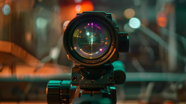 A holographic sight projects a red reticle onto a rifle scope, A holographic sight projecting a reticle onto a target