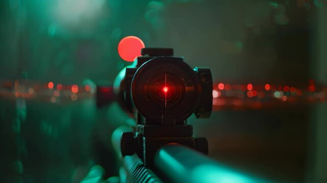 A close-up video of a holographic sight with a reticle projected onto a target in a dimly lit environment, A holographic sight projecting a reticle onto a target