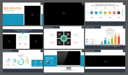 Business presentation template. Design, turquoise elements for presentation on blue background. Infographic. People in the city. Use in flyers, leaflets, marketing, powerpoint, Vector illustration