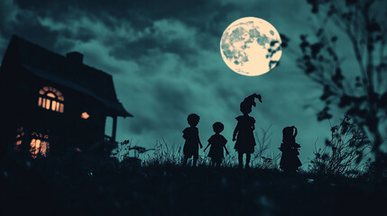 silhouette of child going to celebrate halloween party trick or treat carrying jack o lantern dress like a witch 