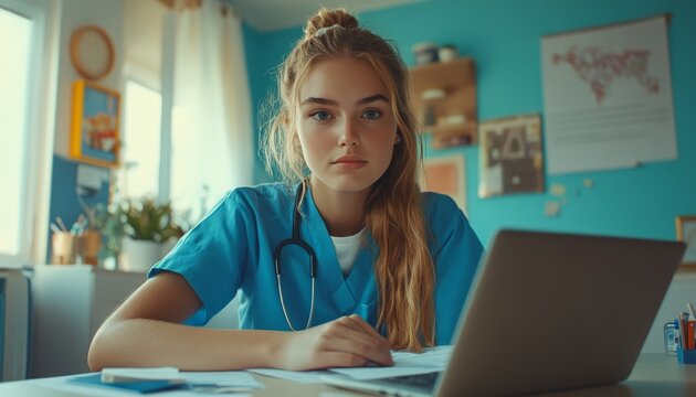Young Nurse in Blue Scrubs at Desk with Laptop Reviewing Documents in Medical Office - Powered by Adobe