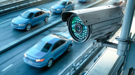 Fototapeta premium A close-up view captures a modern security camera keeping watch over a dynamic highway filled with blue cars, blending realism with cool tranquility