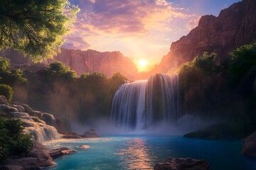 Waterfall Paradise at Sunset