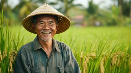 Fototapeta premium Smiling Farmer in Traditional Hat Standing in Lush Green Rice Field on a Sunny Day