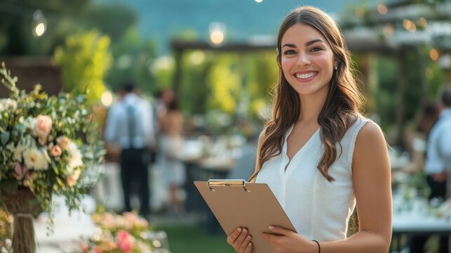 Smiling Event Planner Holding Clipboard at Outdoor Wedding Reception with Guests in Background