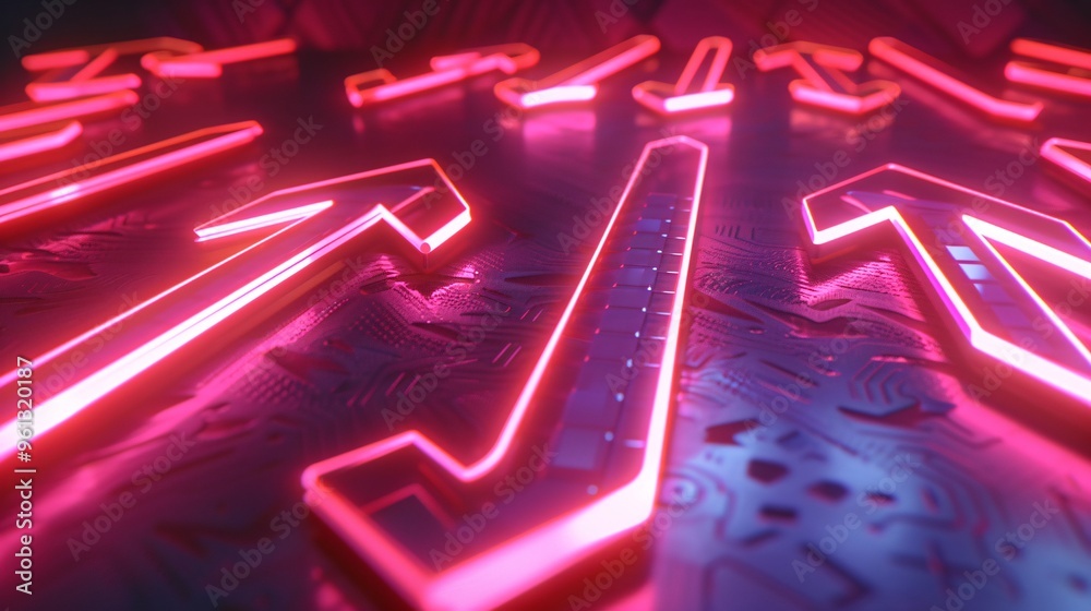 Wall mural abstract neon arrows pointing upwards on a circuit board background