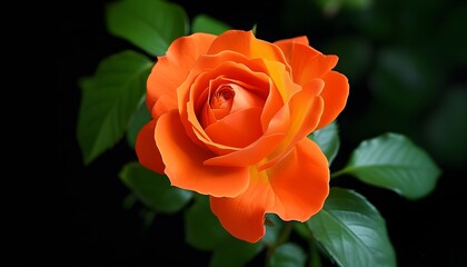 Vibrant orange rose highlighted against striking black background with lush green leaves, showcasing its elegance and beauty in solitude