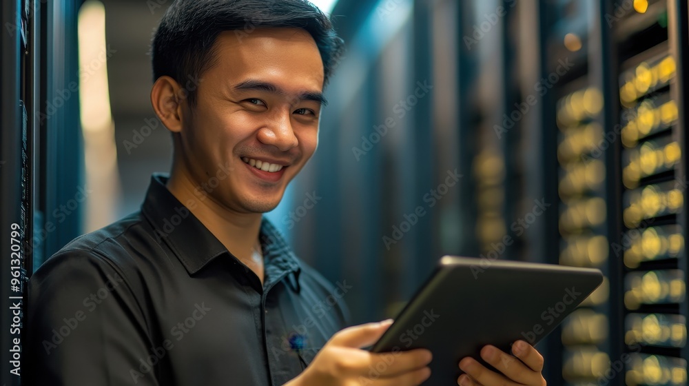Poster smiling it professional holding tablet in modern data center with server racks in background