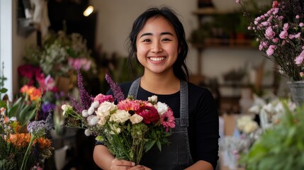 Fototapeta premium Smiling Florist Holding a Colorful Bouquet of Flowers in a Charming Flower Shop