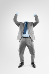 Businessman, invisible and winning with fashion for celebration in studio on a white background. Man, employee or transparent human with body language in suit, outfit or business attire for winner