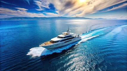 Bird Eye View Serene Luxury Yacht Sailing on the Vast Blue Sea Wide Shot of Elegant Boat at Sea