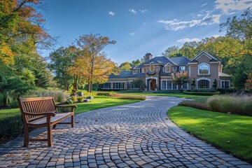 Obraz premium Suburban neighborhood with luxury homes, low angle view of stone driveway and bench, bright blue sky, green grass, ultra-detailed Canon EOS 50mm lens f/2.8.