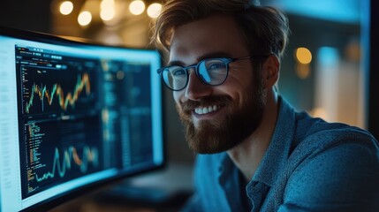 Fototapeta premium Smiling Bearded Man with Glasses Analyzing Financial Data on Computer Screen in Modern Office Setting