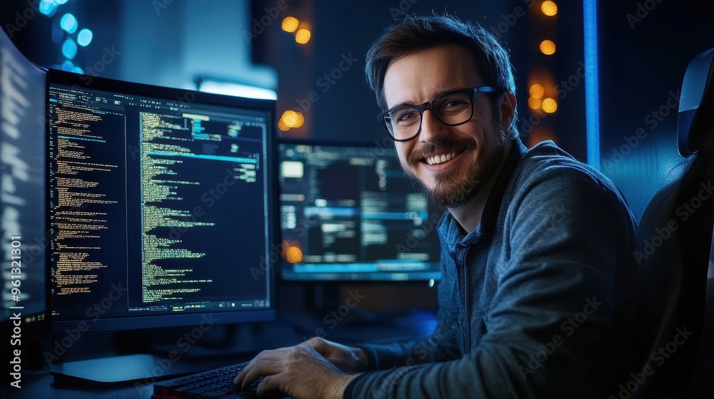 Poster smiling software developer working on code at night in modern office with multiple monitors and blue