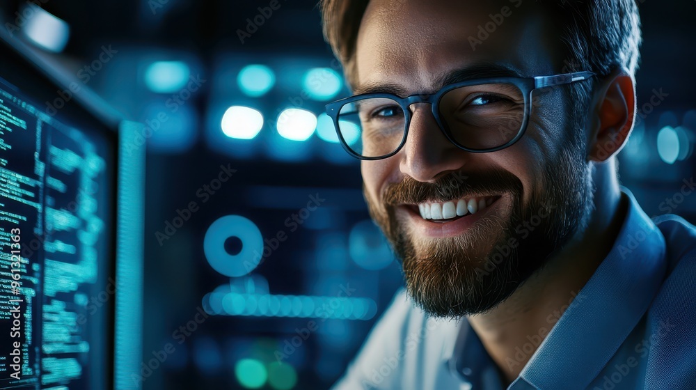 Poster smiling software developer working late at night in modern office with computer screens and code