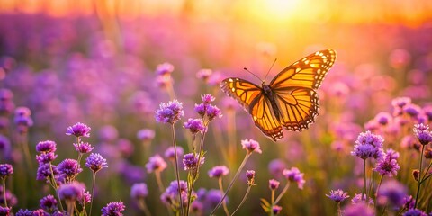 Bird's eye view of a butterfly among purple flowers at sunset