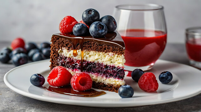 A slice of cholocate cake with strawberries, blueberries and raspberries on top of a white plate. A glass of red juice is next to the plate