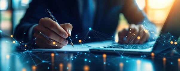 Businessman signing a document with a pen,  focused on his work