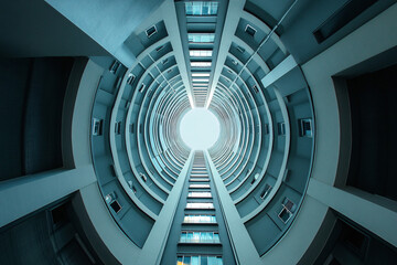 Looking up through a spiraling circular building interior with blue sky visible through the center opening
