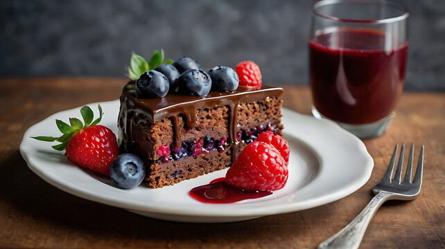 A slice of cholocate cake with strawberries, blueberries and raspberries on top of a white plate. A glass of red juice is next to the plate