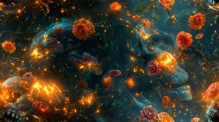 A colorful skull with delicate floral details, surrounded by swirling vines and petals, glowing softly in a dark and mystical environment, with vibrant roses and marigolds, hd quality, natural look.
