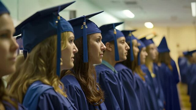 Graduates in blue gowns and caps wait patiently to receive their diplomas at a university commencement ceremony, A line of graduates waiting to receive their diplomas