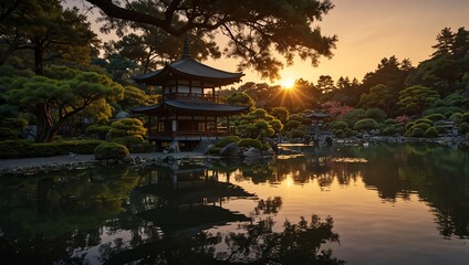 Naklejka premium japanese garden at sunset